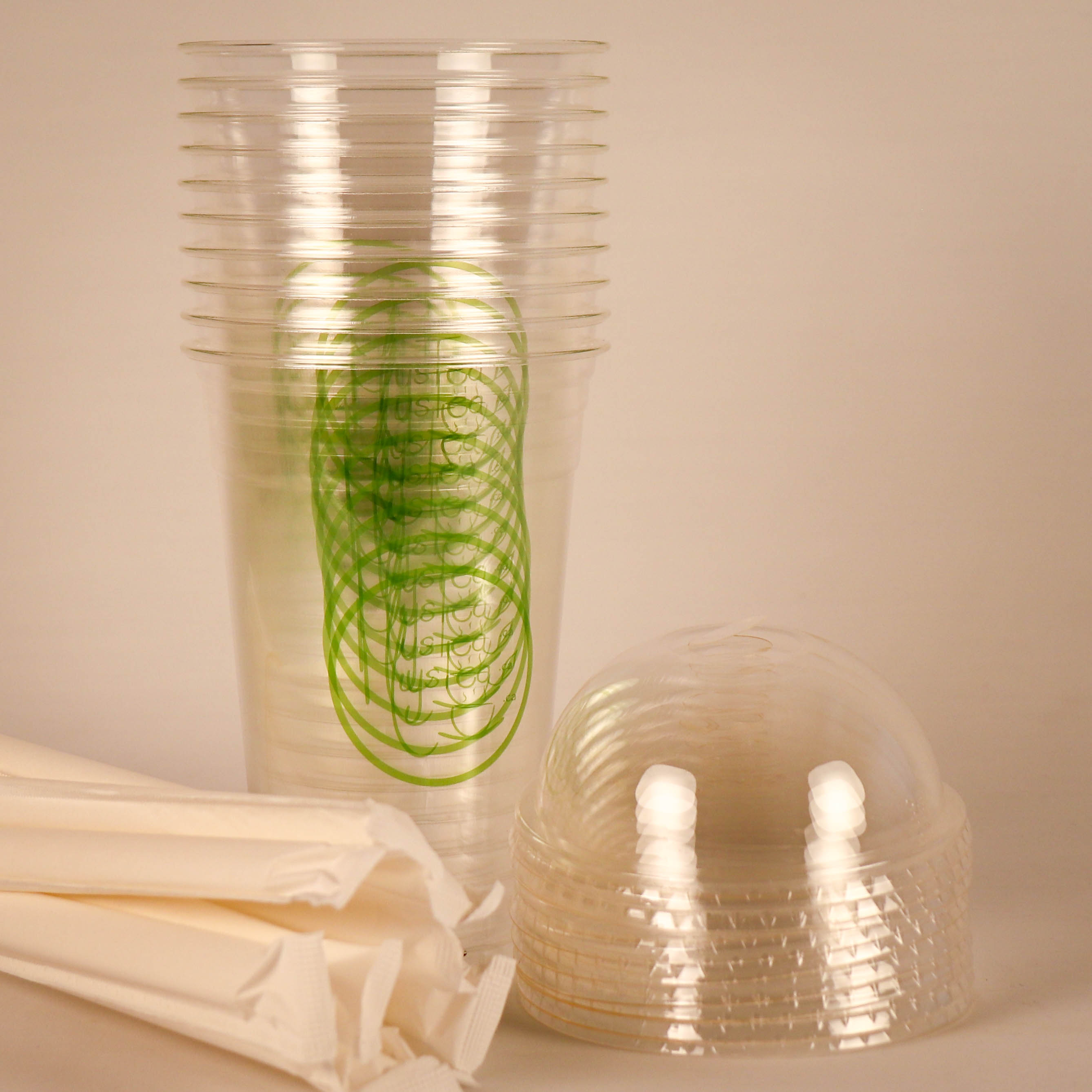Set of compostable glasses, lids and straws